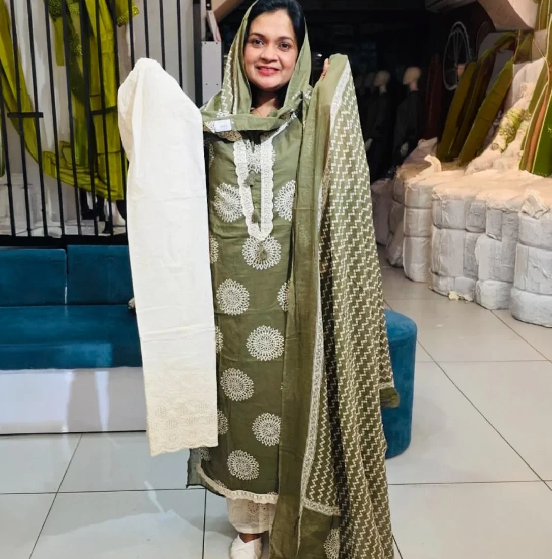Olive Green Cotton Churidar Set – Off-White Embroidery
