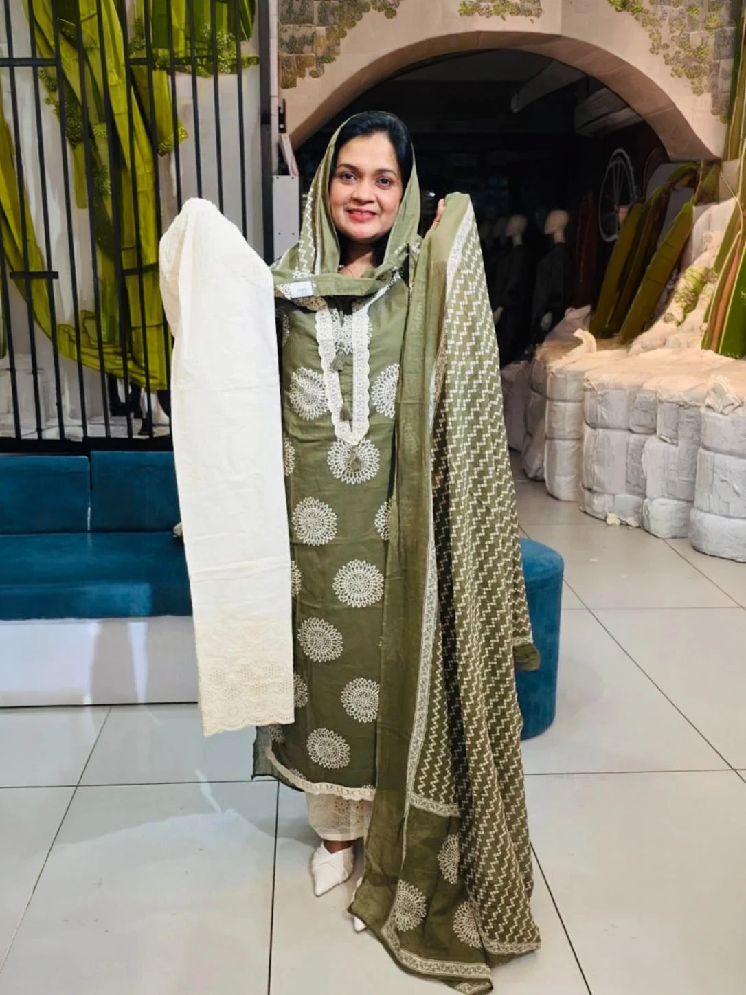 Olive Green Cotton Churidar Set – Off-White Embroidery
