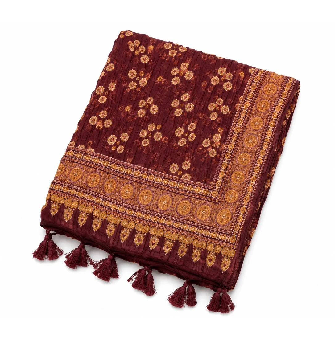 Dark Maroon Floral Printed Dupatta